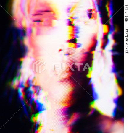 Glitch. Woman's face on the glitched screen. Glitch. Woman's face on the glitched screen. 98415131