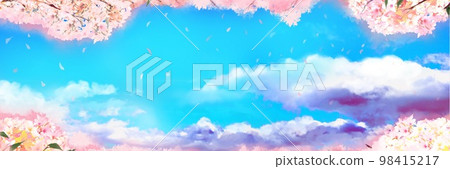 櫻花暴風雪和櫻花盛開,春天般的框架和清爽的藍天背景插圖 櫻花暴風雪和櫻花盛開,春天般的框架和清爽的藍天背景插圖 98415217