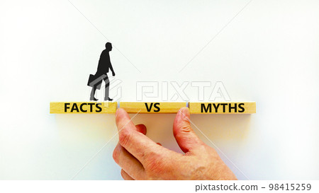 Facts vs myths symbol. Concept words Facts vs myths on wooden blocks on a beautiful white table white background. Businessman hand. Business, finacial and facts vs myths concept. Copy space. Facts vs myths symbol. Concept words Facts vs myths on wooden blocks on a beautiful white table white background. Businessman hand. Business, finacial and facts vs myths concept. Copy space. 98415259