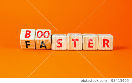 Booster and faster symbol. Concept word Booster Faster on wooden cubes. Beautiful orange table orange background. Business booster and faster concept. Copy space. Booster and faster symbol. Concept word Booster Faster on wooden cubes. Beautiful orange table orange background. Business booster and faster concept. Copy space. 98415403
