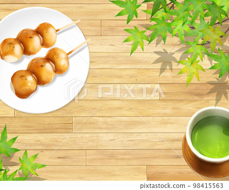 Mitarashi soy sauce dumplings on a plate with tea on a natural wood deck Japanese style illustration set - hand drawn background material 98415563