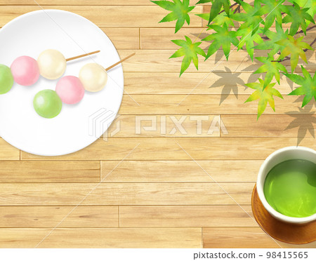 Japanese style illustration set of three-color dumplings on a plate with tea on a natural wood deck - hand drawn background material 98415565