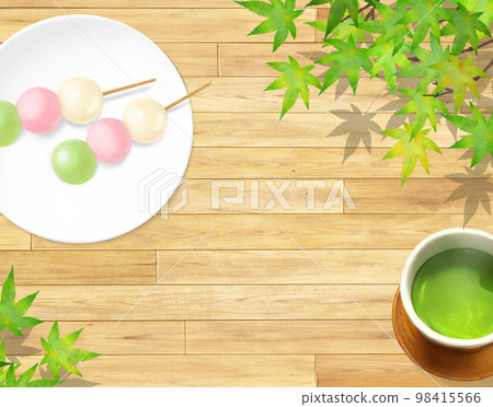 Japanese style illustration set of three-color dumplings on a plate with tea on a natural wood deck - hand drawn background material Japanese style illustration set of three-color dumplings on a plate with tea on a natural wood deck - hand drawn background material 98415566
