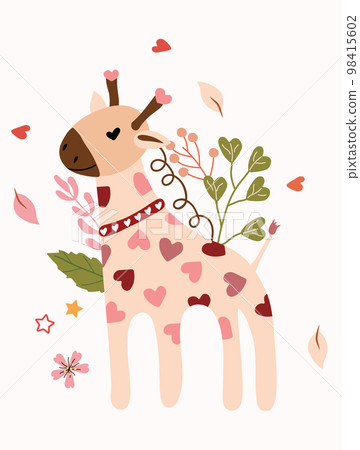 A beautiful postcard with a cute giraffe, flowers and leaves. Bright illustrations for thank you cards, birthdays, posters, banners, etc. Vector 98415602