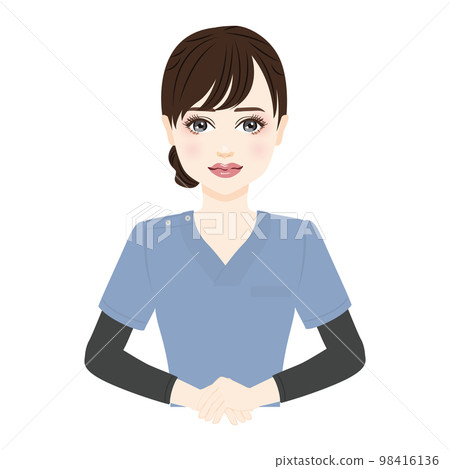一位身穿藍色磨砂服的女士鞠躬的插圖 98416136