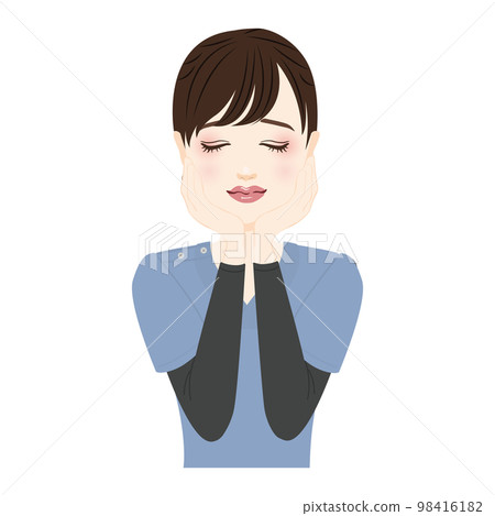 Illustration of a woman wearing a blue scrub that touches her face Illustration of a woman wearing a blue scrub that touches her face 98416182