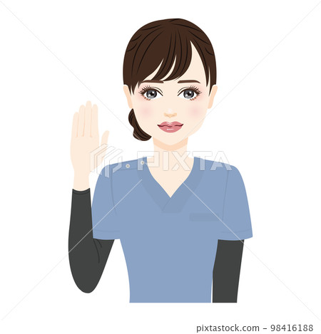 一位身穿藍色磨砂膏的女士舉起手的插圖 98416188