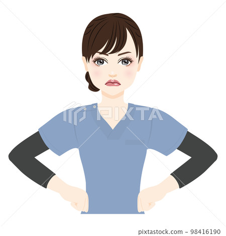 一個穿著藍色磨砂膏的女人生氣的插圖 98416190