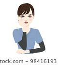 一個穿著藍色磨砂膏的女人很擔心的插圖 98416193