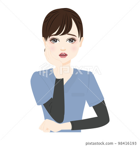 一個穿著藍色磨砂膏的女人很擔心的插圖 98416193