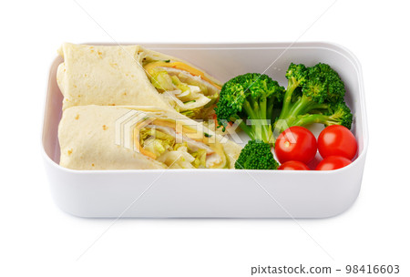 Healthy food delivery in take away box isolated on white background Healthy food delivery in take away box isolated on white background 98416603