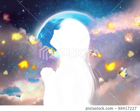 祈禱的長發少女剪影插畫,黃色的蝴蝶在神秘的藍色滿月和雲海中飛舞 祈禱的長發少女剪影插畫,黃色的蝴蝶在神秘的藍色滿月和雲海中飛舞 98417227