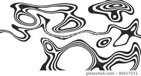 Twisted wavy black lines. Abstract pattern of lines, black and white texture. Minimalistic design template for poster, banner, cover, postcard. Twisted wavy black lines. Abstract pattern of lines, black and white texture. Minimalistic design template for poster, banner, cover, postcard. 98417231