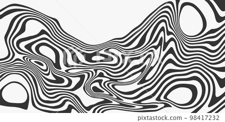 Twisted wavy black lines. Abstract pattern of lines, black and white texture. Minimalistic design template for poster, banner, cover, postcard. Twisted wavy black lines. Abstract pattern of lines, black and white texture. Minimalistic design template for poster, banner, cover, postcard. 98417232
