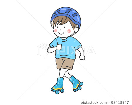 Illustration of a boy wearing a helmet and playing on roller skates 98418547