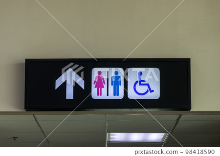 Sign of public toilets, men and lady. Symbols represent communication. Restroom sign on outdoor. 98418590