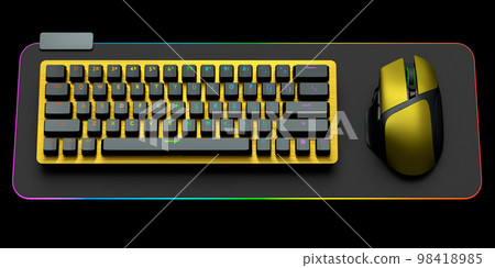 Computer keyboard and mouse on professional pad isolated on black background. Computer keyboard and mouse on professional pad isolated on black background. 98418985