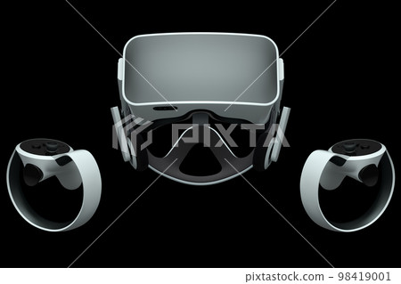 Virtual reality glasses and controllers for online gaming on black background 98419001
