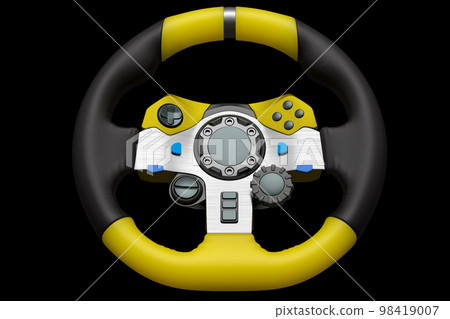 Realistic leather steering wheel isolated on a black background. 98419007