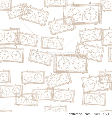 Chess clock engraved seamless pattern. Retro watch for chess game in hand drawn style. Sketch texture for fabric, wallpaper, textile, print, title, wrapping paper. Vector illustration. Chess clock engraved seamless pattern. Retro watch for chess game in hand drawn style. Sketch texture for fabric, wallpaper, textile, print, title, wrapping paper. Vector illustration. 98419071