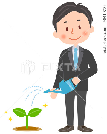 Illustration of a man in a suit watering the sprouts of plants 98419223