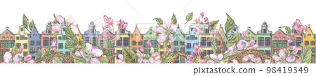 Cute European little houses with stone bridges and spring, pink apple blossoms. Watercolor illustration. A long banner from the collection of EUROPEAN HOUSES. For decoration and design. Cute European little houses with stone bridges and spring, pink apple blossoms. Watercolor illustration. A long banner from the collection of EUROPEAN HOUSES. For decoration and design. 98419349