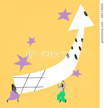 Contemporary art collage with two younf woman holding huge drawn arrow. Concept of teamwork, support, professional growth and promotion 98419800