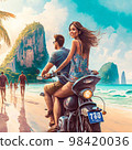 Picture of a couple on a motorbike riding on the sea bay Picture of a couple on a motorbike riding on the sea bay 98420036
