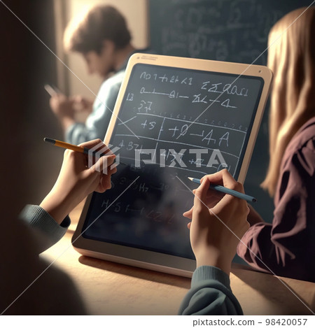 Authentic scenes of university students solving math equations on digital tablets Authentic scenes of university students solving math equations on digital tablets 98420057