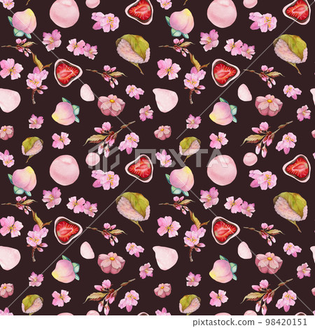 Watercolor seamless pattern with hand drawn traditional Japanese sweets. Wagashi, mochi, sakura blossom. Isolated on color background. Invitations, restaurant menu, greeting cards, print, textile Watercolor seamless pattern with hand drawn traditional Japanese sweets. Wagashi, mochi, sakura blossom. Isolated on color background. Invitations, restaurant menu, greeting cards, print, textile 98420151