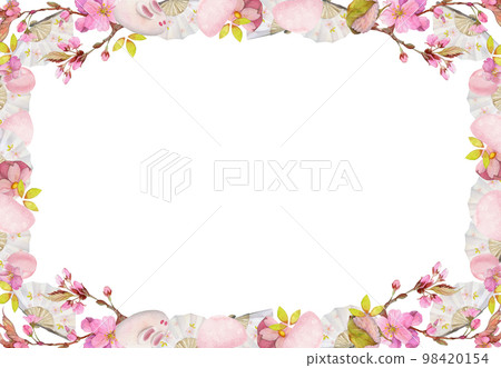 Watercolor hand drawn traditional Japanese sweets. Square frame of spring wagashi with sakura. Isolated on white background. Design for invitations, restaurant menu, greeting cards, print, textile 98420154