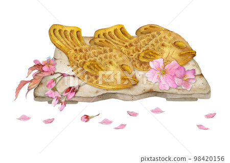 Watercolor hand drawn traditional Japanese sweets. Ceramic dish, taiyaki, sakura cherry blossom. Isolated on white background. Design for invitations, restaurant menu, greeting cards, print, textile Watercolor hand drawn traditional Japanese sweets. Ceramic dish, taiyaki, sakura cherry blossom. Isolated on white background. Design for invitations, restaurant menu, greeting cards, print, textile 98420156