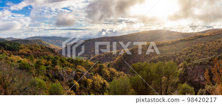 Mountain Landscape with Fall Color Trees. France, Europe. Nature Background Mountain Landscape with Fall Color Trees. France, Europe. Nature Background 98420217