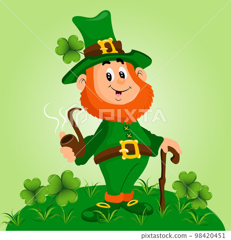 St. Patrick's Day, cute leprechaun with a smoking pipe in a green meadow with clover. Illustration, greeting card, vector St. Patrick's Day, cute leprechaun with a smoking pipe in a green meadow with clover. Illustration, greeting card, vector 98420451