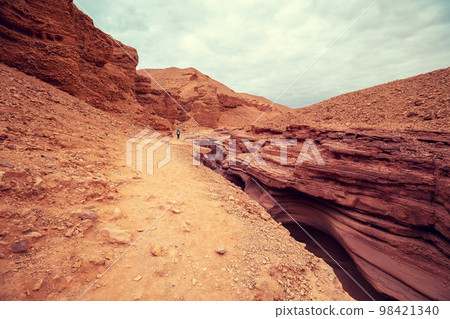 Dry riverbed. Desert nature landscape. Sandstone background. Red Canyon, Eilat, Israel 98421340