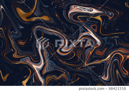 Abstract marble background with gold waves and curls. Liquid marbled dark blue, orange golden luxury texture. Natural fluid art painting in alcohol ink technique. Agate ripple pattern. Abstract marble background with gold waves and curls. Liquid marbled dark blue, orange golden luxury texture. Natural fluid art painting in alcohol ink technique. Agate ripple pattern. 98421558