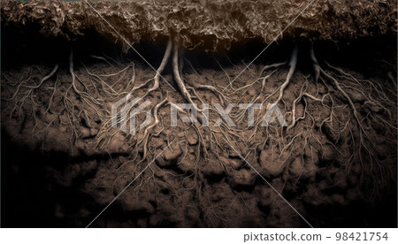 Section of soil, underground texture with rocks and plant roots 98421754