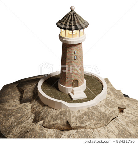 3D rendering of realistic lighthouse on rock with burning searchlight. Navigation difficult area. Realistic PNG illustration isolated on transparent background 3D rendering of realistic lighthouse on rock with burning searchlight. Navigation difficult area. Realistic PNG illustration isolated on transparent background 98421756