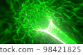 Abstract green tunnel swirling from lines and particles of triangles glowing futuristic hi-tech with a blur effect on a dark background. Abstract background 98421825