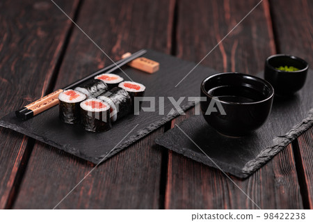 Maki sushi rolls with smoked salmon - Sushi menu. Japanese food concept 98422238