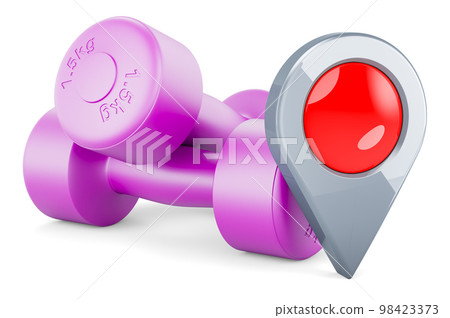Neoprene dumbbells with map pointer. 3D rendering Neoprene dumbbells with map pointer. 3D rendering 98423373