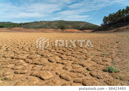 Desert arid channels of lakes and rivers during the summer period of drought, concept of global warming and dehydration of fresh water. 98423493
