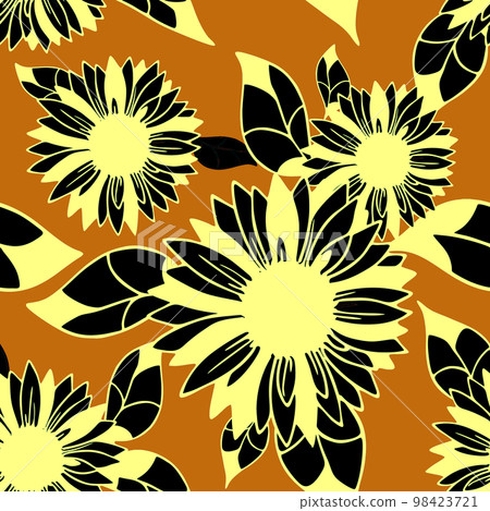 seamless yellow-black pattern of decorative sunflowers on a brown background, texture, design seamless yellow-black pattern of decorative sunflowers on a brown background, texture, design 98423721