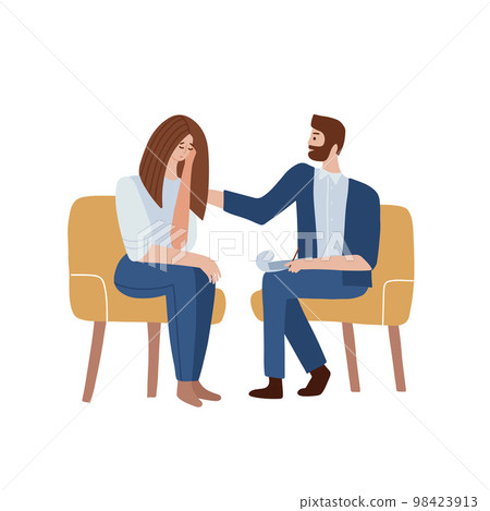 Woman talking to psychotherapist and crying. Male psychologist sits in a chair and listens to the client s problems and expresses support . Flat vector illustration. Woman talking to psychotherapist and crying. Male psychologist sits in a chair and listens to the client s problems and expresses support . Flat vector illustration. 98423913