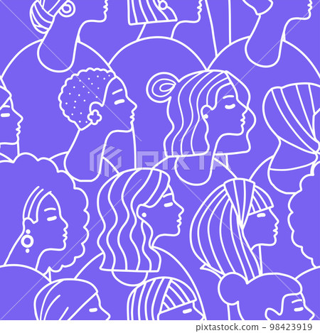 Hand drawn different female faces seamless pattern. Trendy woman face doodle texture with abstract line shapes, minimal girl face. Vector stylized monoline illustration. 98423919