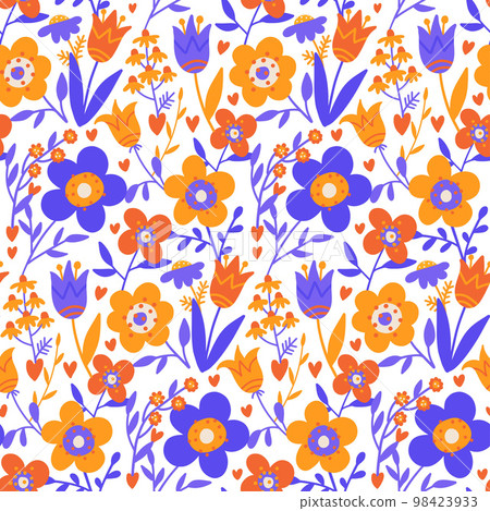 Abstract Flower graphic seamless pattern. Folk art texture with hand drawn decorative flowers on white background with colorful doodle flat elements. Modern, botany hand drawn vector. 98423933