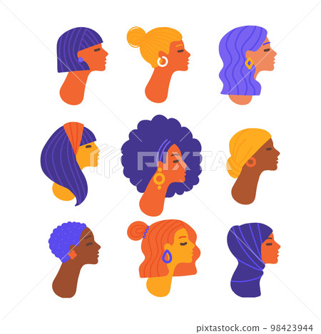 Set of female profile portraits or heads of woman characters. Various nationality. Blonde, brunette, redhead, african american, asian, muslim, european. Collection of avatars. Vector flat hand drawn 98423944