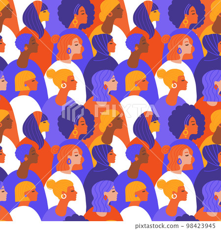 International women s day seamless pattern. Crowd of multinational girls in different multicolored clothes. Female diverse faces of different ethnicity. Women empowerment movement concept. Flat vector 98423945