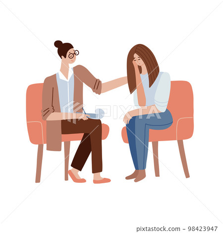 Female psychologist encourages the patient. A woman doctor is conducting a psychoanalysis session. Sad and depressed woman at the psychotherapist. Flat vector illustration. 98423947