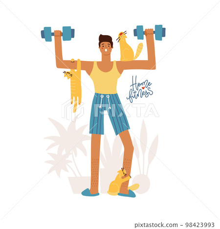 Young man doing wortout at home with naughty pets, man exercising with pets isolated on white. Home training. Stay home funny concept. Flat vector illustration. 98423993